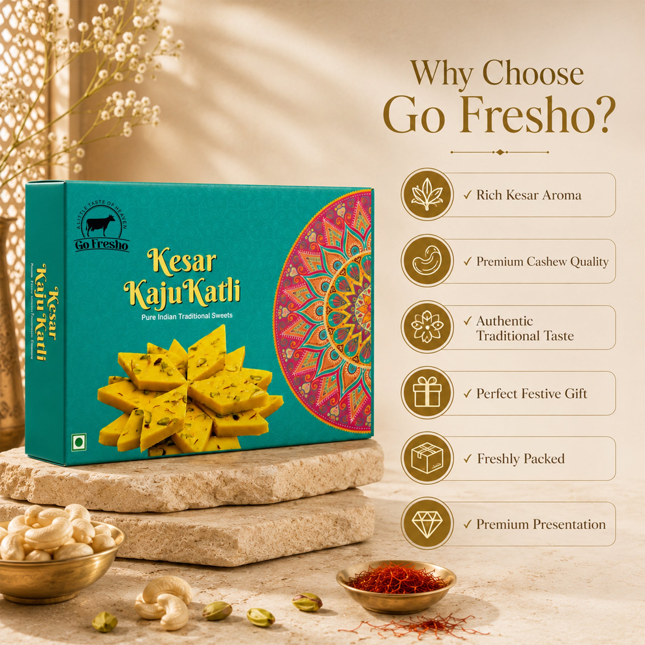 Premium Kesar Kaju Katli – Royal Saffron Cashew Sweet